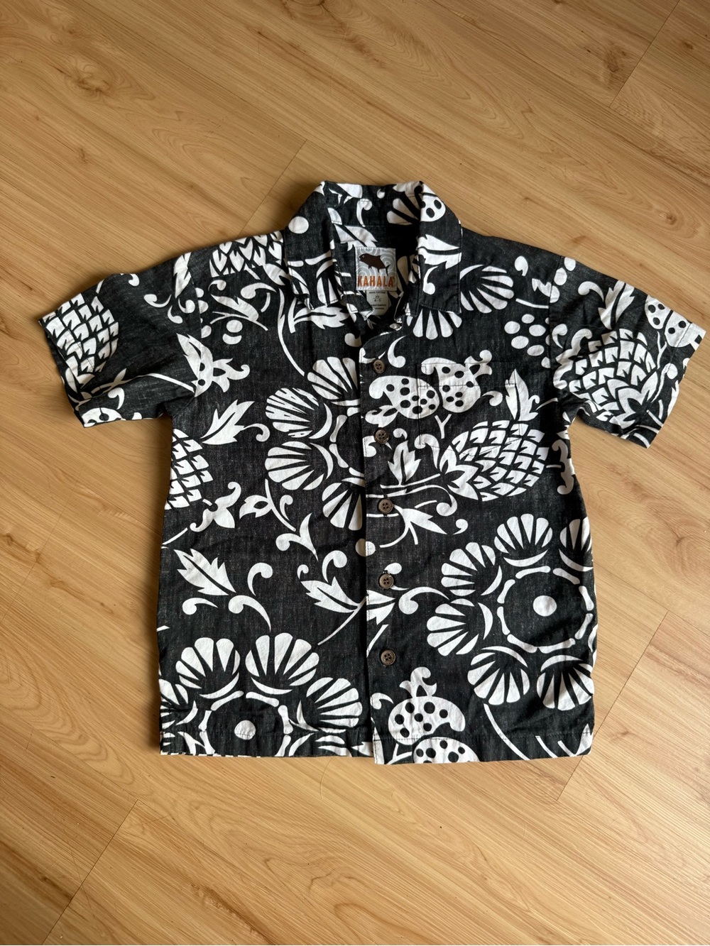 Kahala Duke’s Pareo Boys XS 4-5 Black Hawaiian Aloha Shirt Made in Hawaii